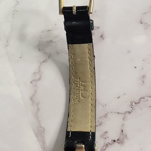 I.D. Titanium Vintage gold tone turquoise face black leather band watch - Picture 7 of 12